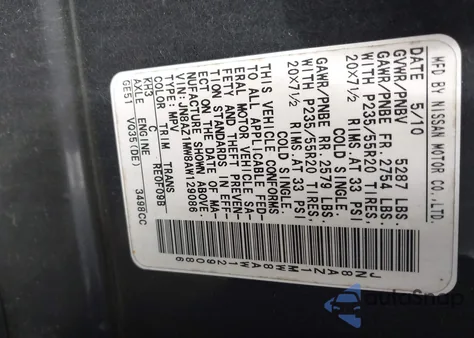 2010 Nissan Murano Le из США, поврежденный, VIN JN8AZ1MW8AW129086